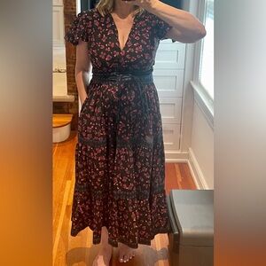 Oliphant Floral Black and Pink Dress with blue and black Tokyo belt